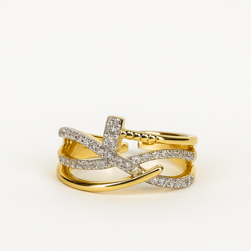 Adjustable Crossed Infinity Ring – Gold & CZ Intertwined