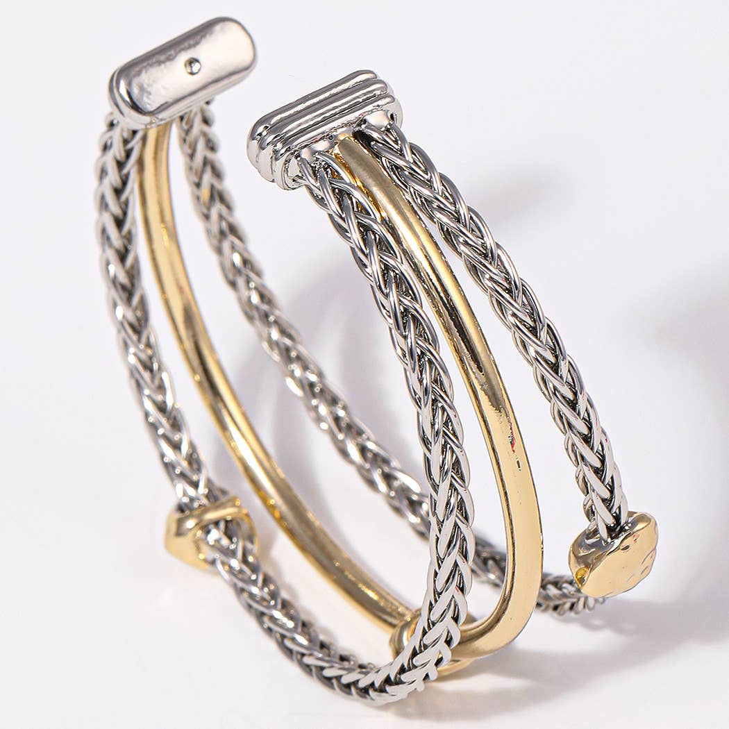 Heart 3 Layer Two-Tone Braided Cuff Bracelet