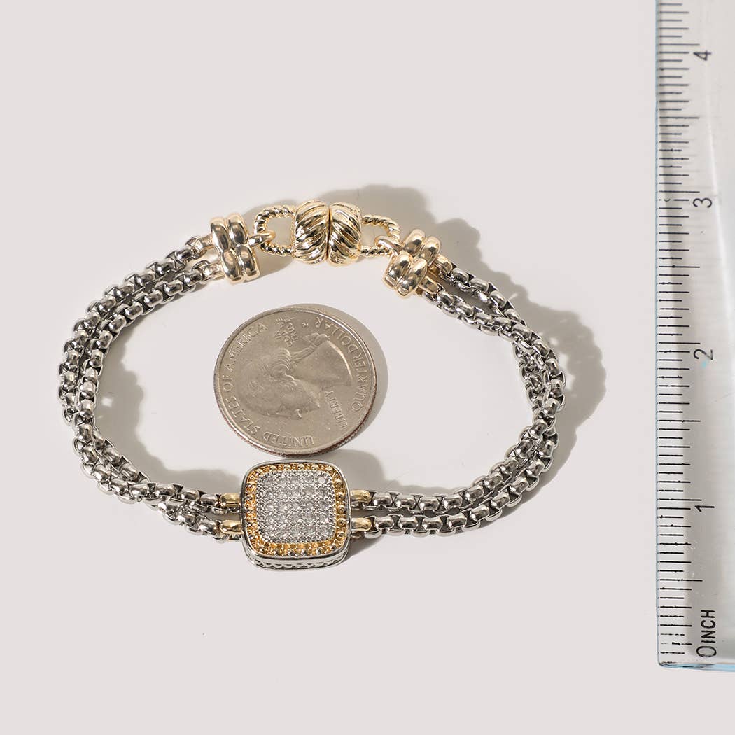 Two-Tone Box Chain Square Pave Magnetic Bracelet