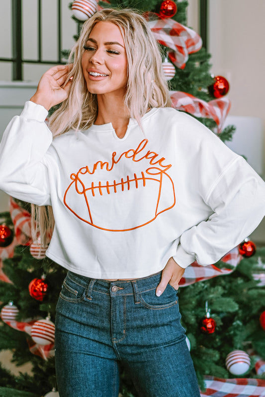White Game Day Lettering Football Notched Neck Sweatshirt