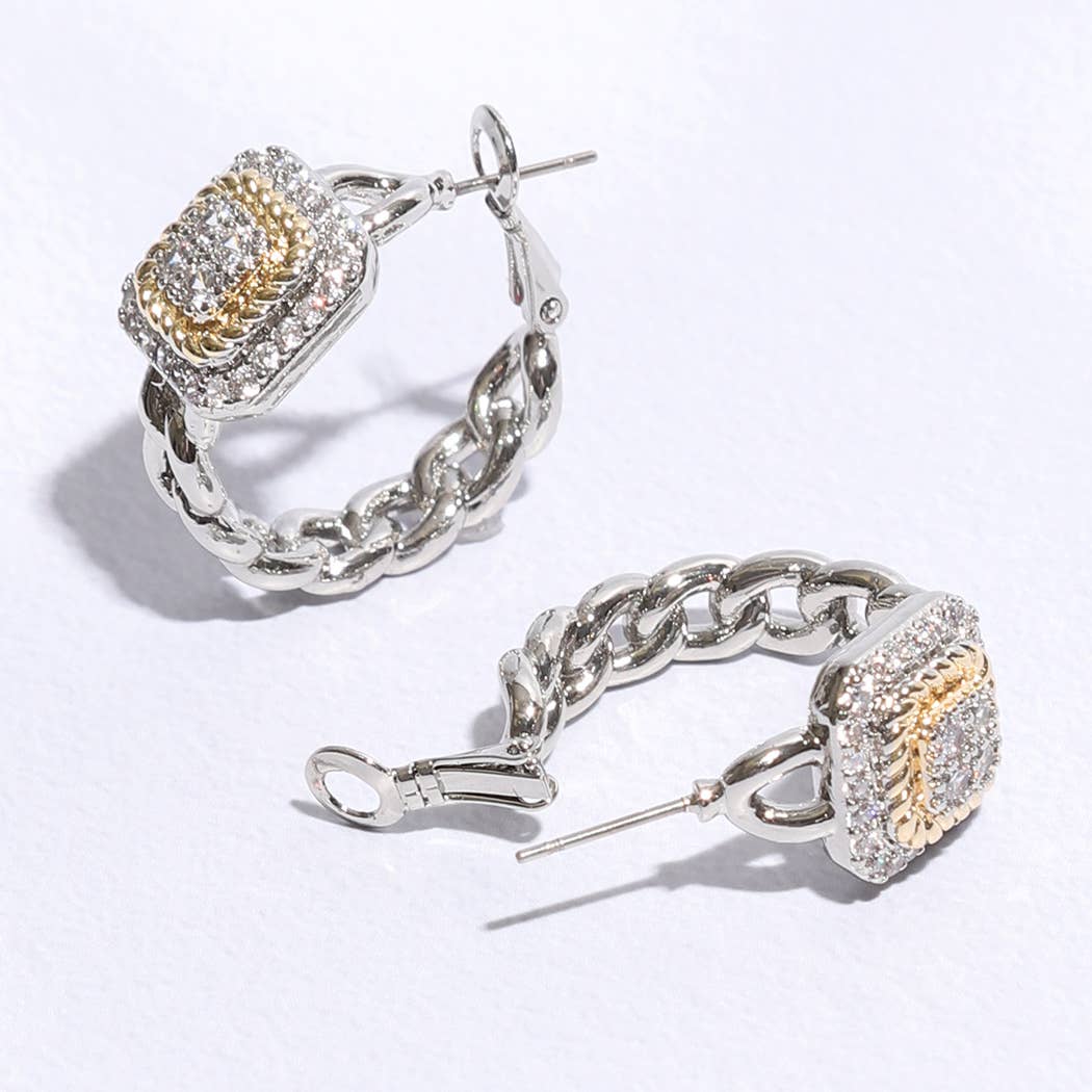Square Pave 2T Hoop Earrings