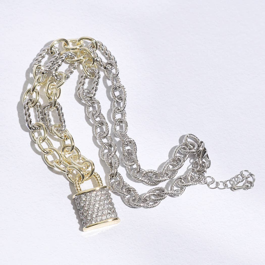 Linked Solid and Twisted Chain Lock Necklace