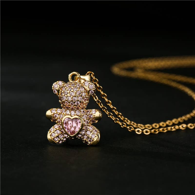 Dainty Crystal Teddy Bear Pendant Necklace in Solid Copper