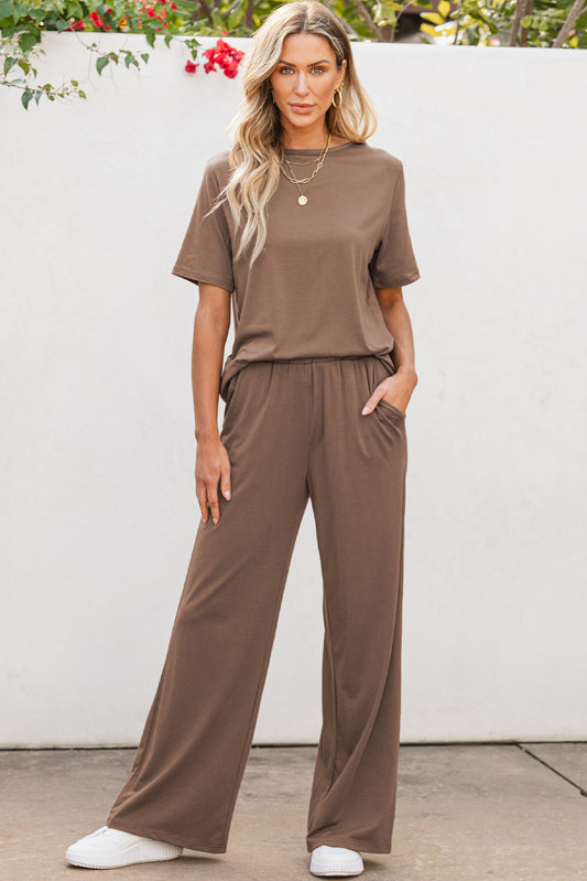 Coffee Brown Solid Color T Shirt 2pcs Wide Leg Pants Set