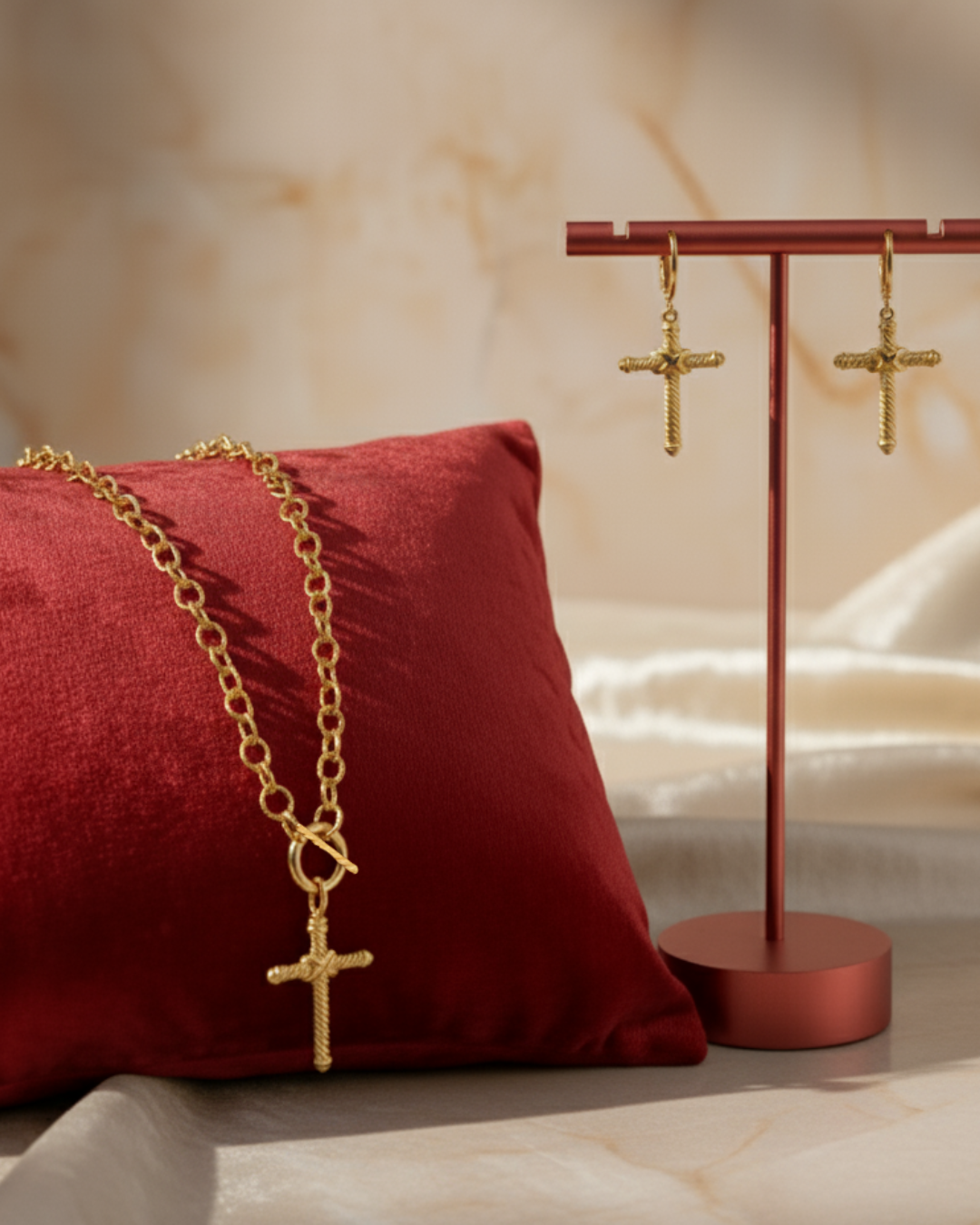 Gold Boho Cross Necklace with Earring Set