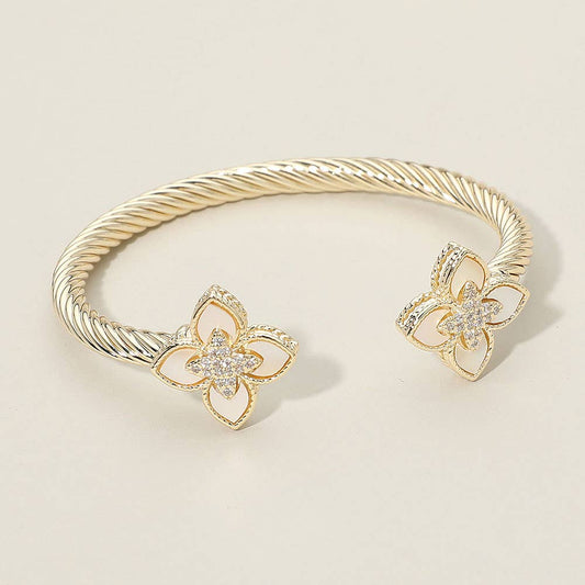 14K Gold Plated Stone Paved Center Mother of Pearl Floral Clover Tip Cuff Bracelet