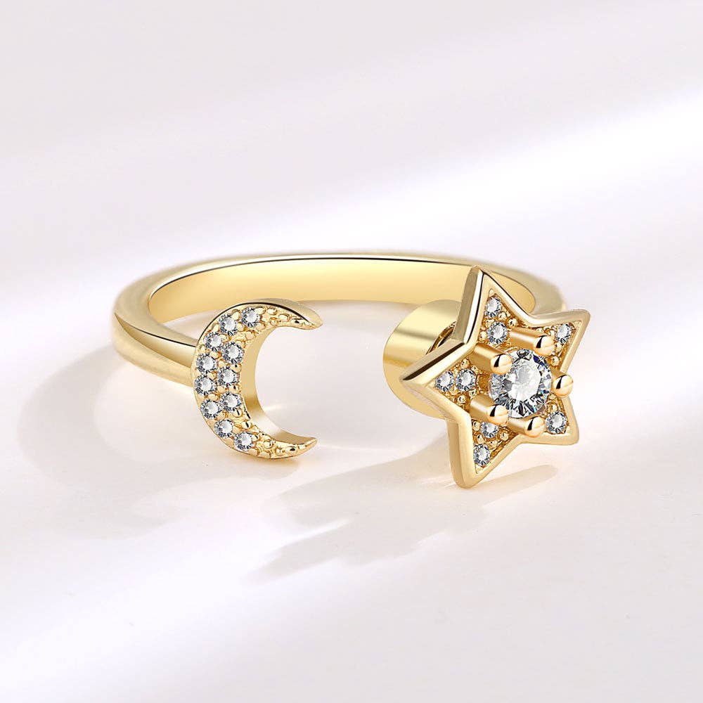 Gold Moon Star Anxiety Fidget Spinner Ring in Solid Copper