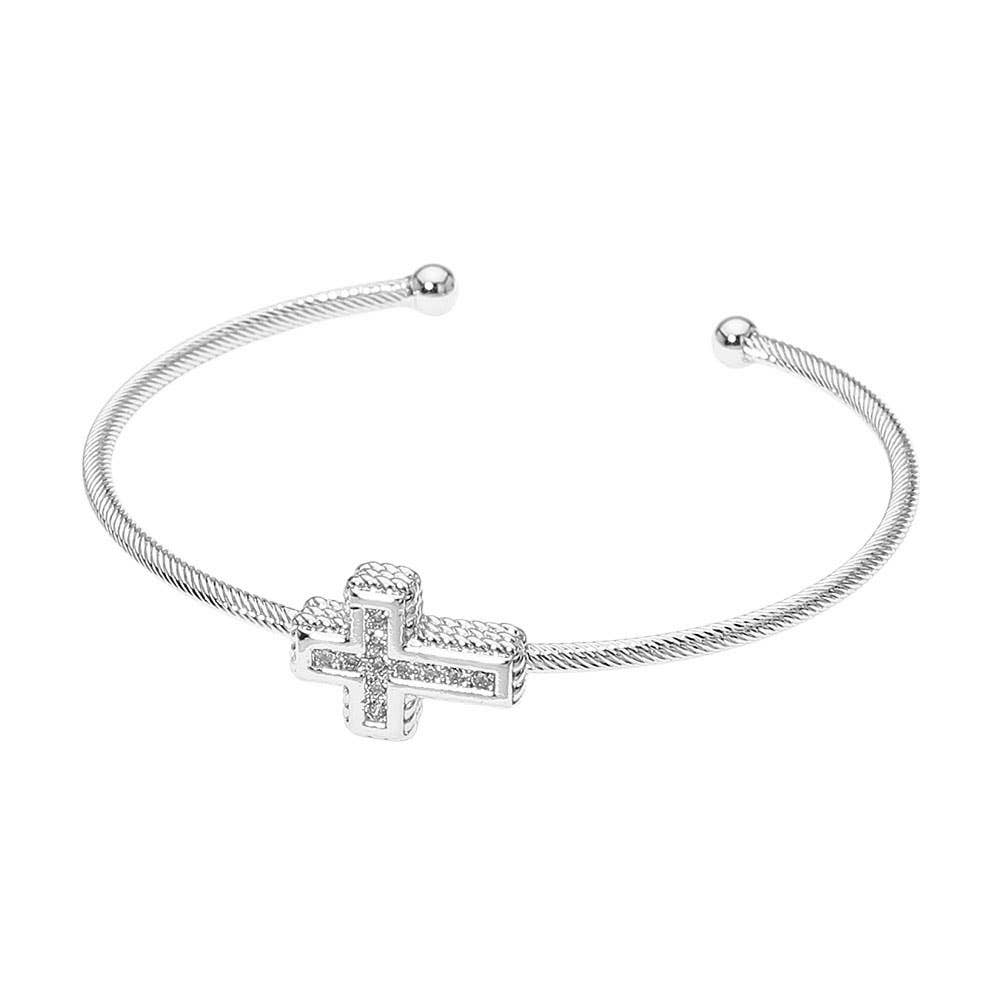 14K Gold Plated CZ Stone Paved Cross Accent Cuff Bracelet