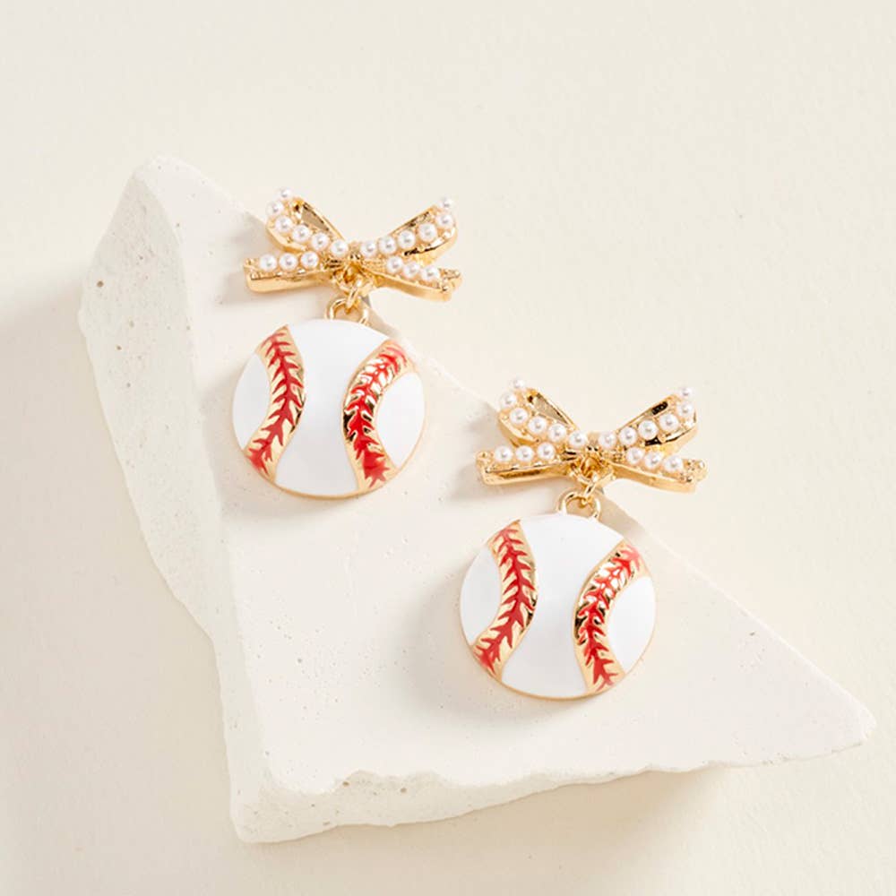 Pearl Bow Baseball Drop Dangle Earrings