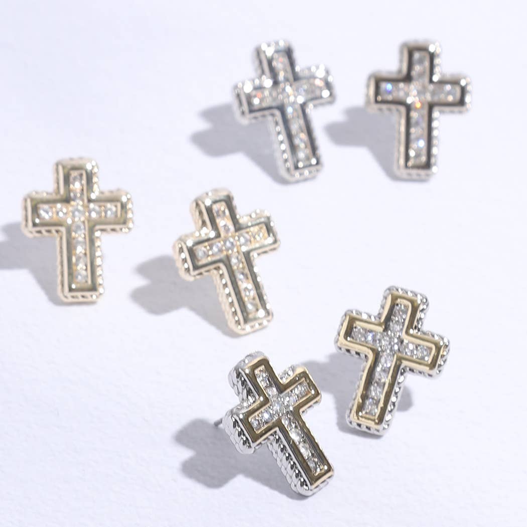 Cross Shape Pave Stone Stud Post Earring