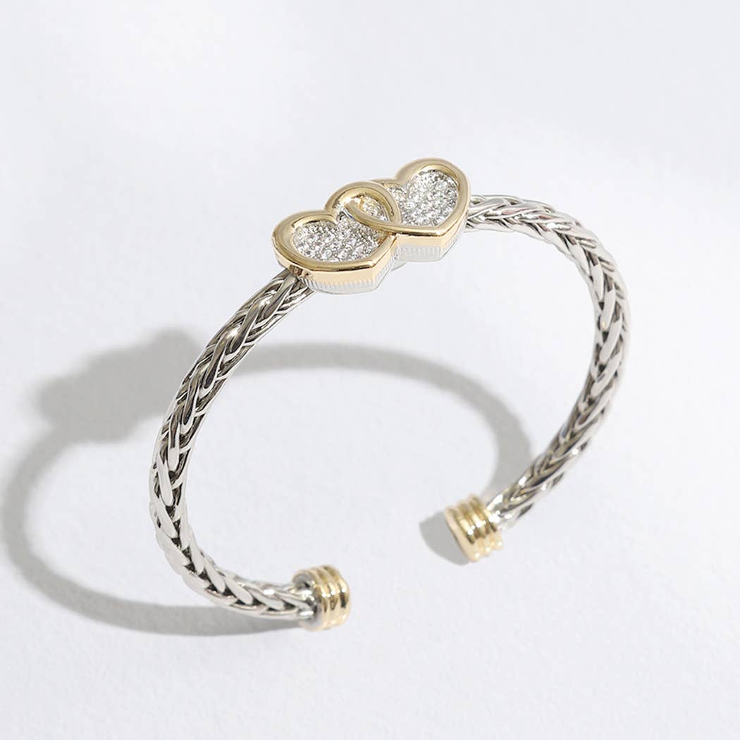 Two Heart Pave Braided Bangle Bracelet