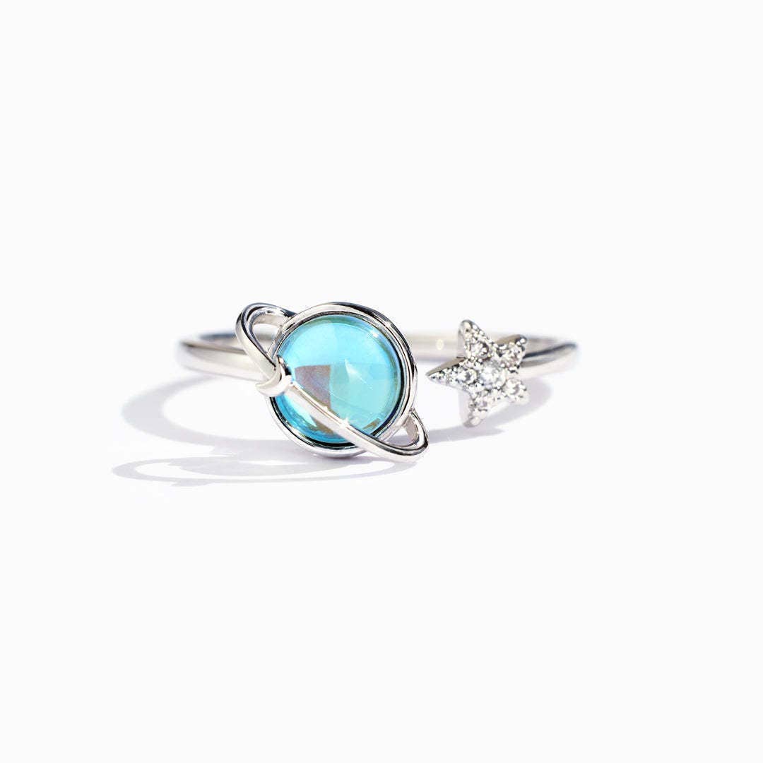 Blue Aurora Planet Saturn Star Open Ring in Solid Copper