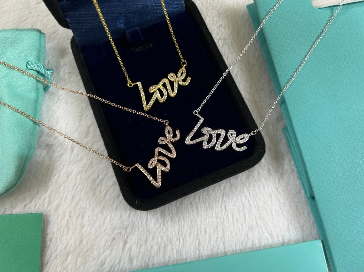 Sparkling “Love” Script Pendant Necklace