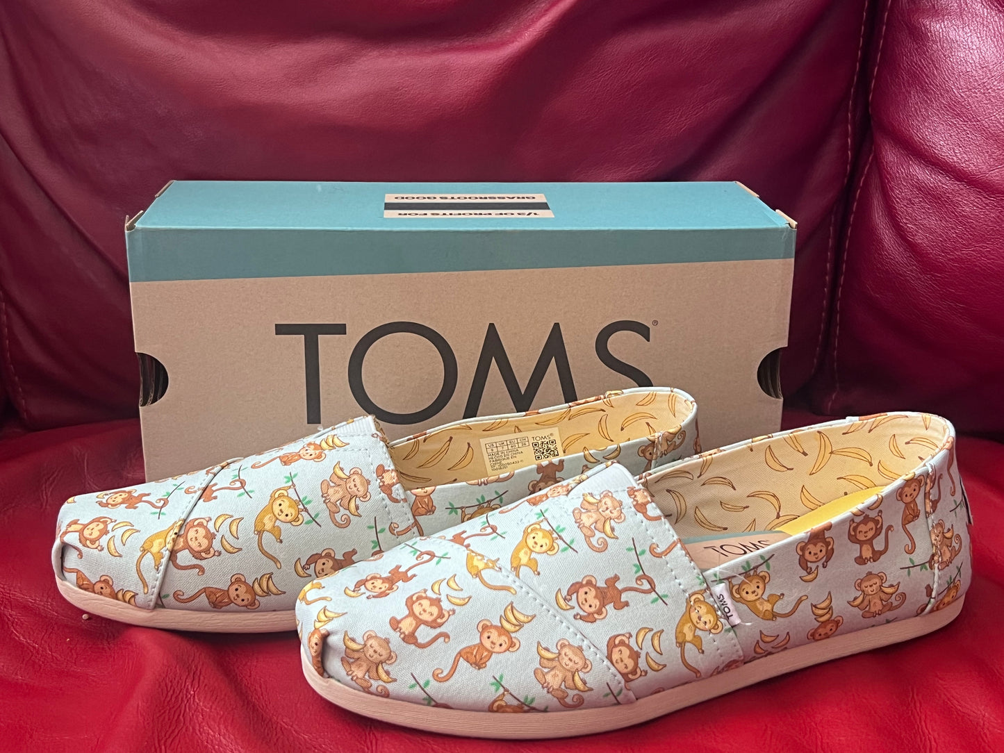 Authentic Toms Blue Monkey Business Printed Canvas Alpargata Women's Slip-Ons