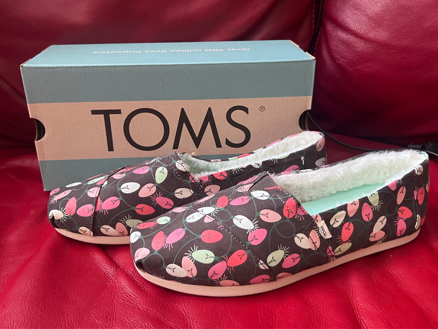 Authentic Tom's Slip-On Alpargata Forged Iron Tree Lights Glow in the Dark w/ Faux Fur
