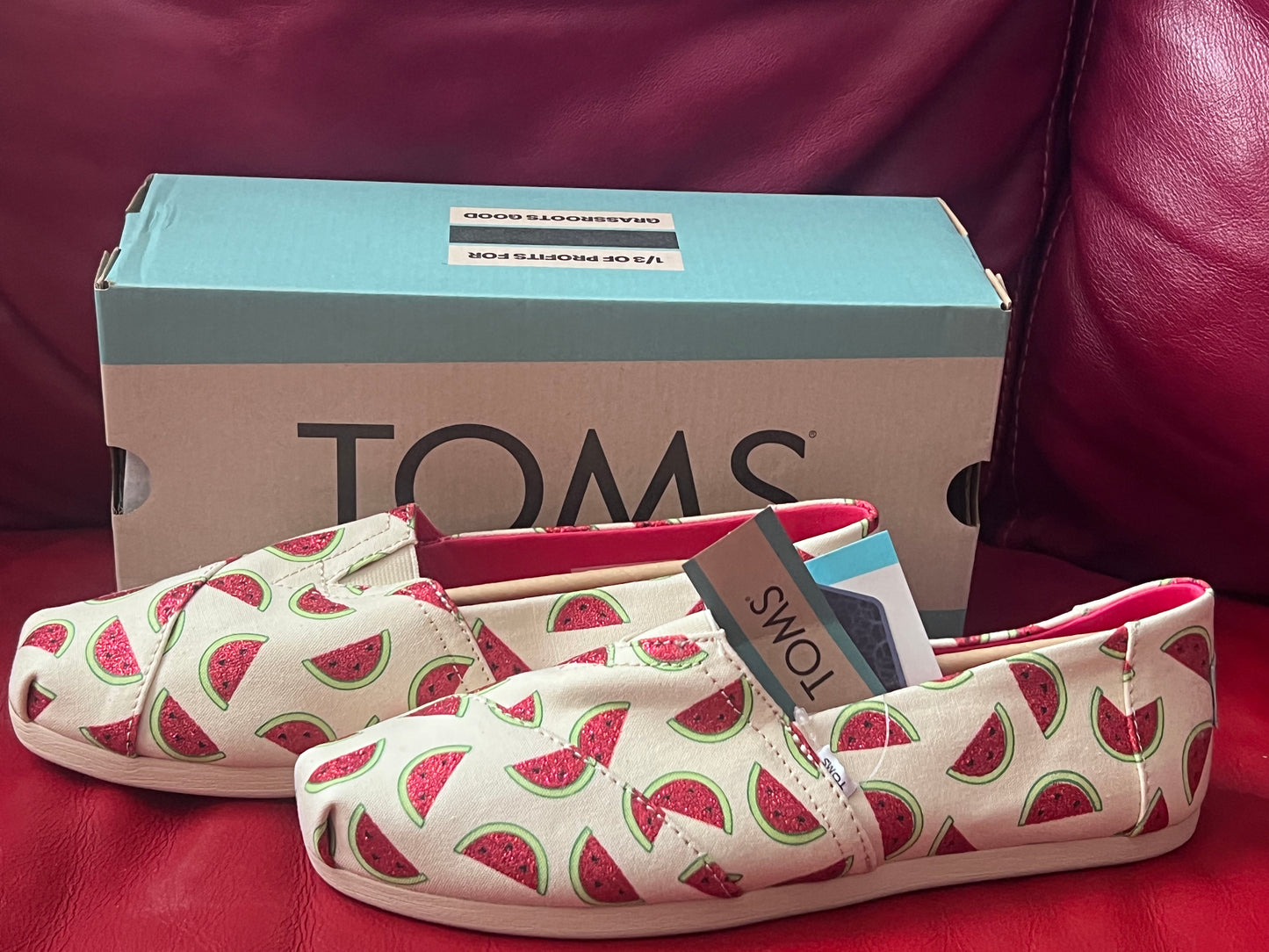 Authentic Toms Alpargata Natural Glitter Watermelon Print Women's Slip On Size 9