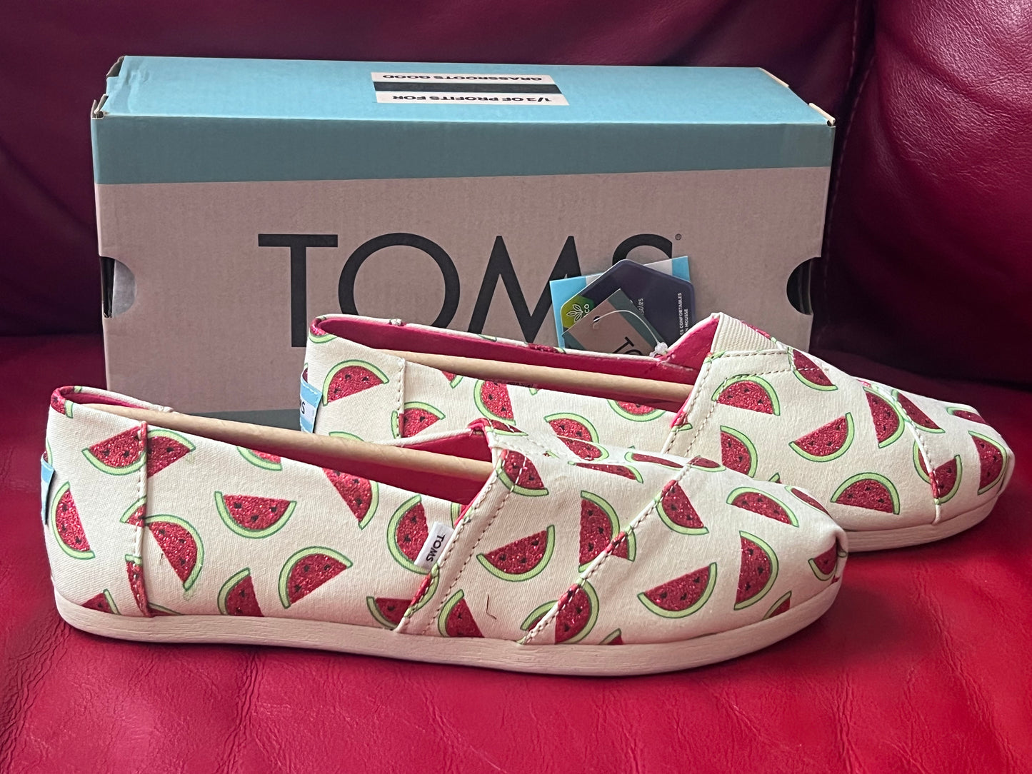 Authentic Toms Alpargata Natural Glitter Watermelon Print Women's Slip On Size 9