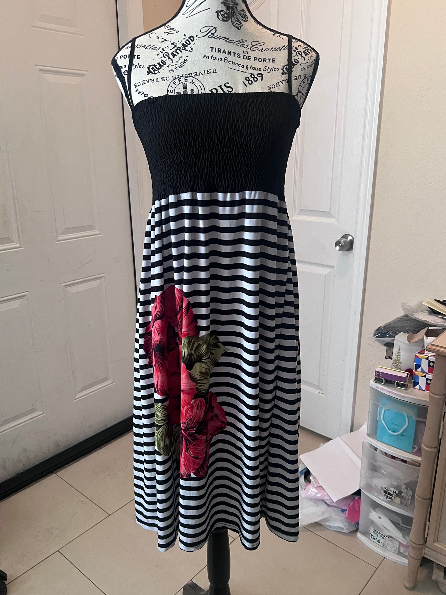 Cristinalove Strapless Striped Floral Midi Dress | Size XL