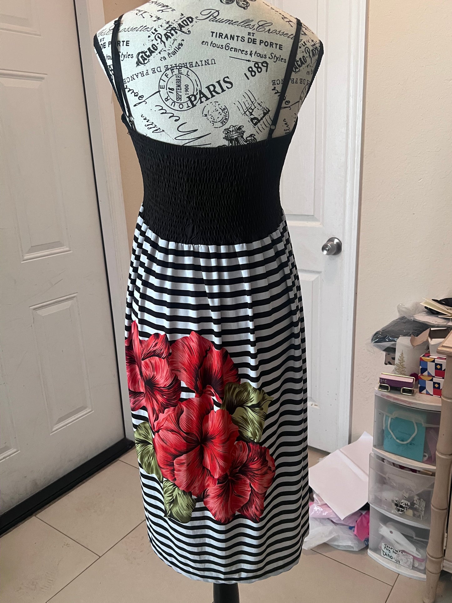 Cristinalove Strapless Striped Floral Midi Dress | Size XL