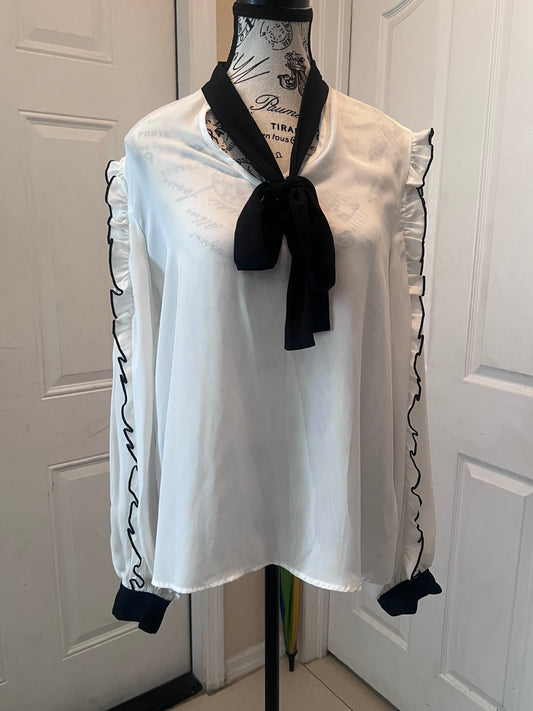 SHEIN White & Black Contrast Bow Blouse – Size Large