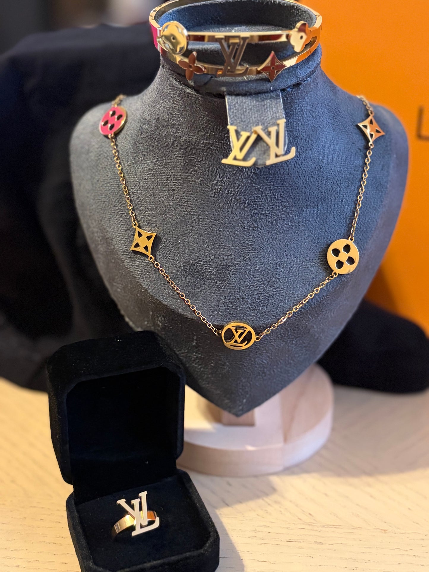 Gold‑Tone Monogram Charm Jewelry Set