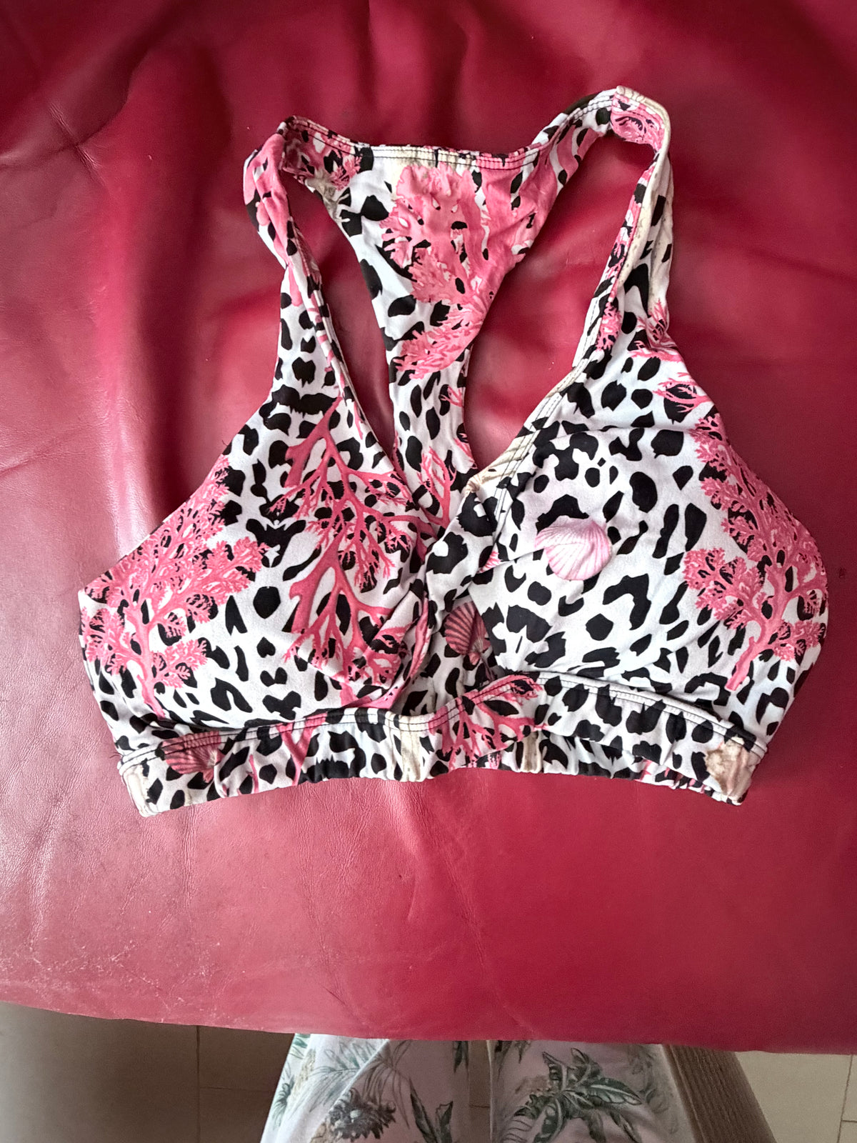 Pink Black Coral Print Racerback Sports Bra Large