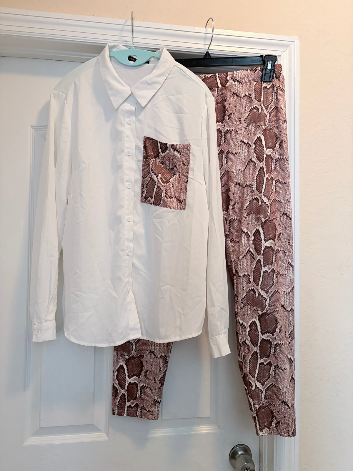 SHEIN White Button-Up Shirt & Snakeskin Print Pants Set Size XL