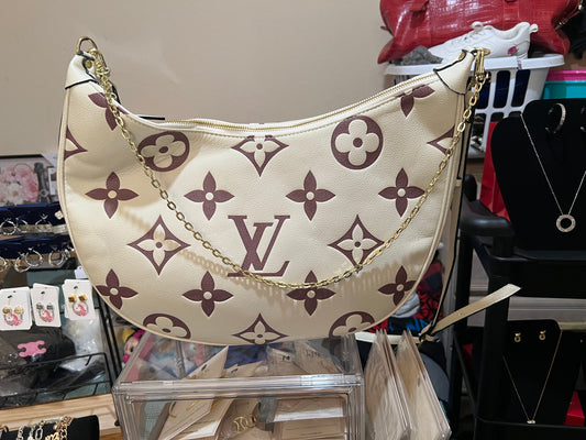 Cream Half Moon Large Purse with Monogram Detail