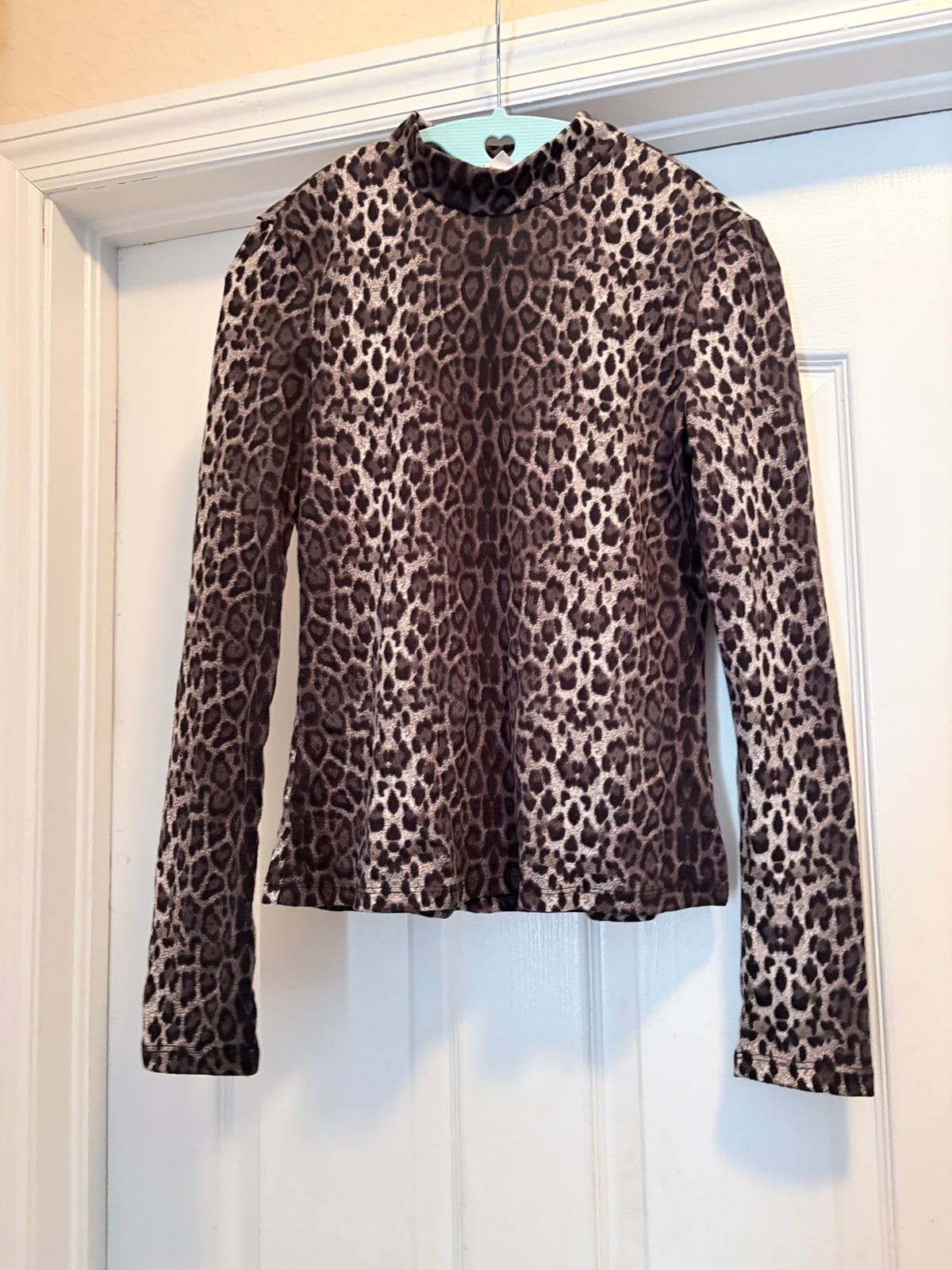 Leopard Print Mock Neck Long Sleeve Top Size Large