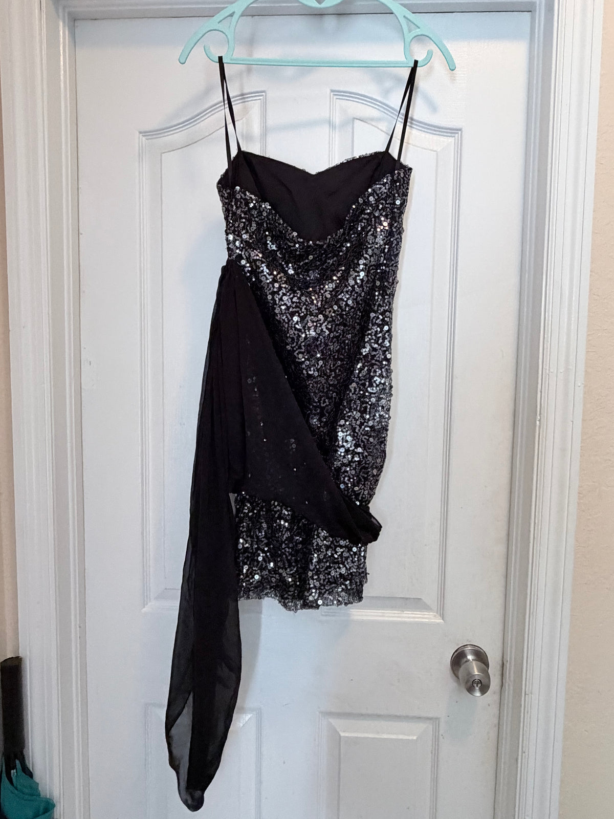 Frederick’s of Hollywood Black Silver Sequin Draped Mini Dress Size Small