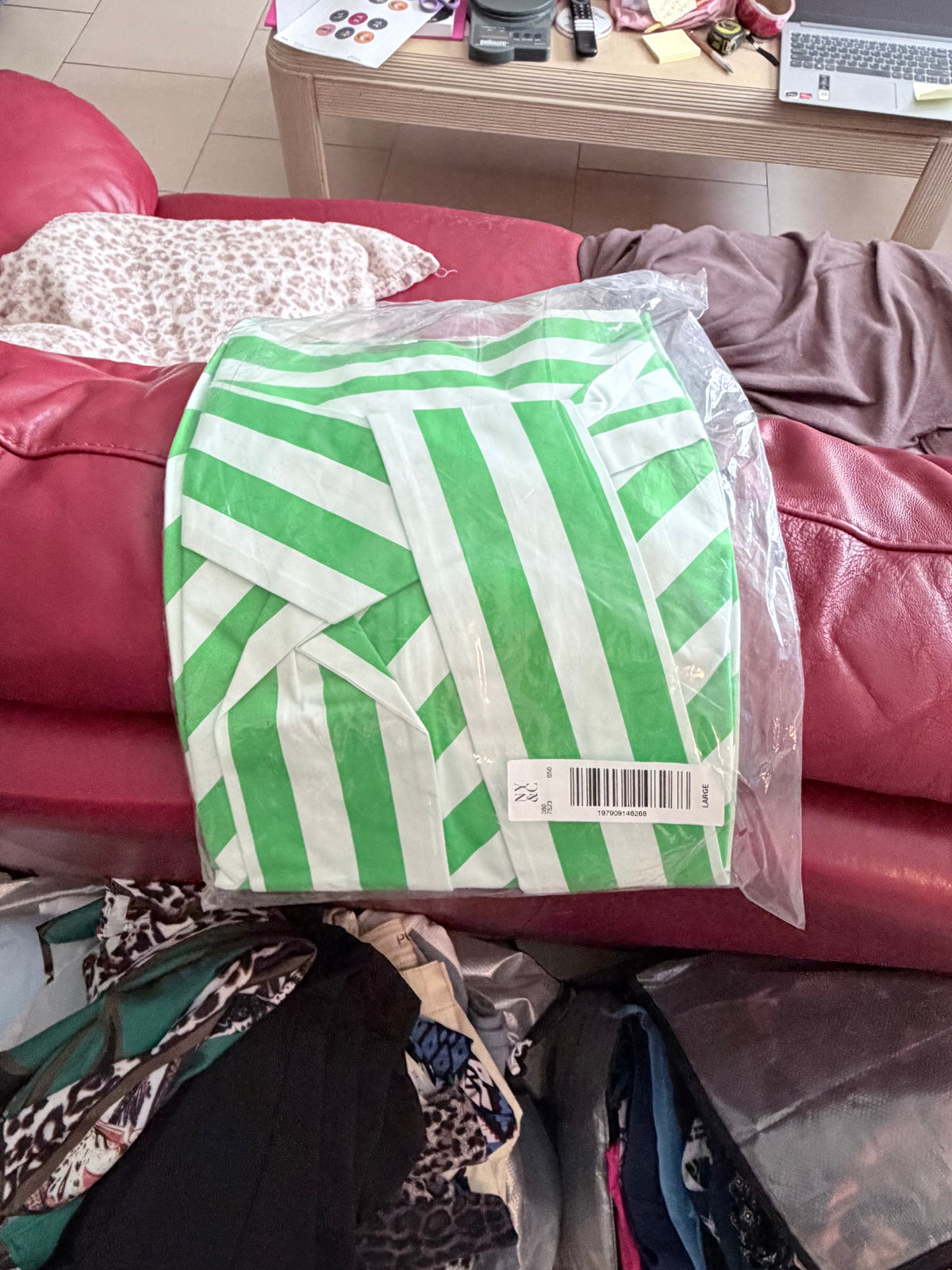 New York & Company Green White Striped Tie Waist A-Line Midi Skirt Size Large NWT