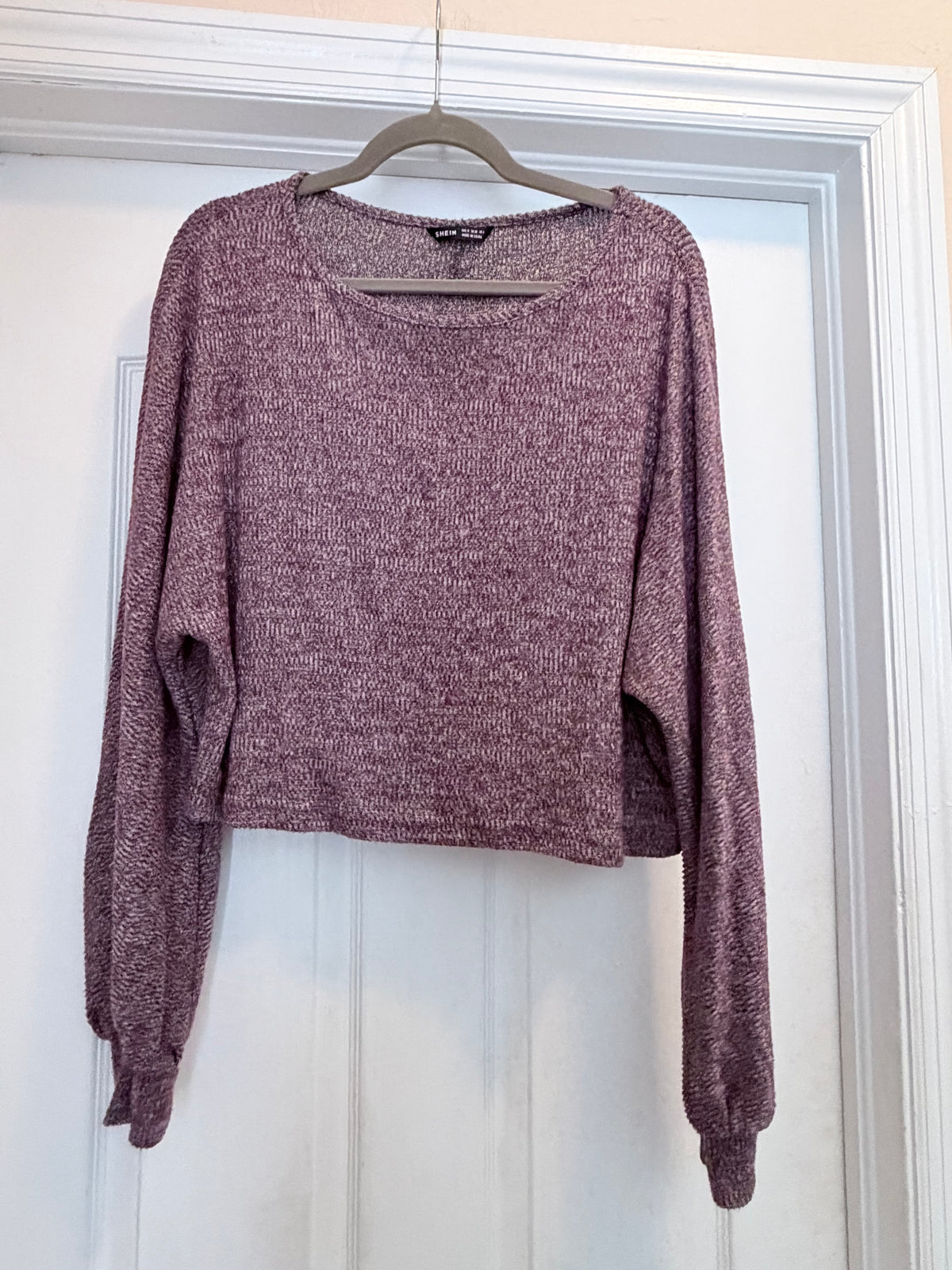 SHEIN Women’s Marled Purple Cropped Knit Sweater Balloon Sleeve Size Medium
