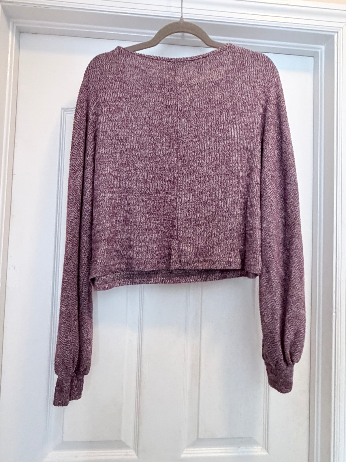 SHEIN Women’s Marled Purple Cropped Knit Sweater Balloon Sleeve Size Medium