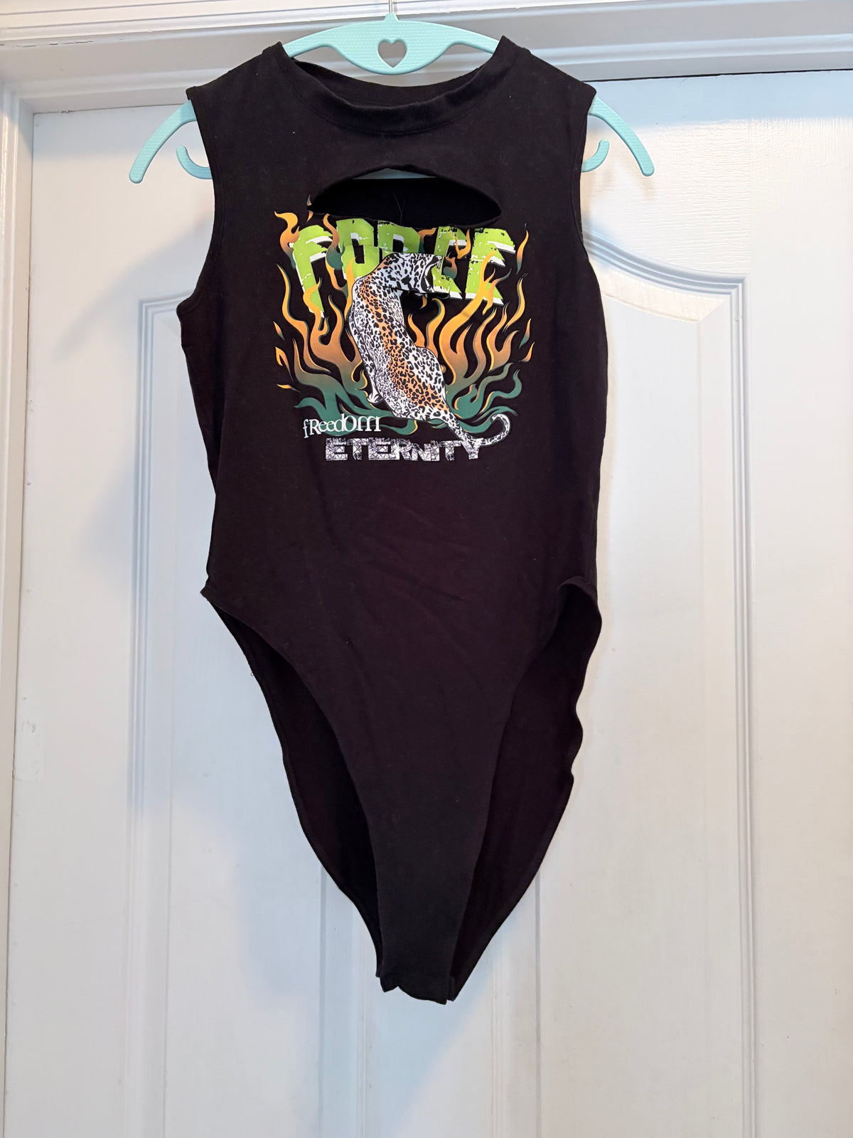 SHEIN Black Leopard Graphic Cutout Bodysuit Size Large Sleeveless