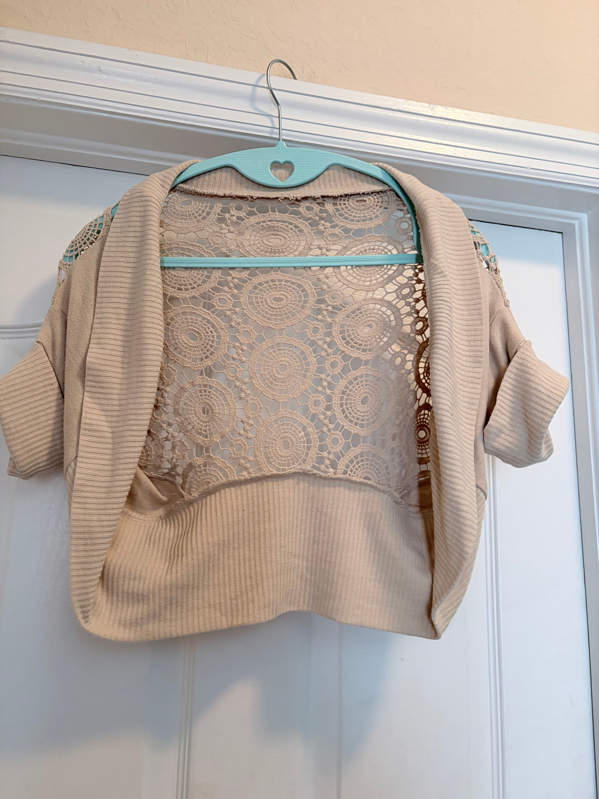 Beige Crochet Lace Back Short Sleeve Open Front Shrug Cardigan Bolero