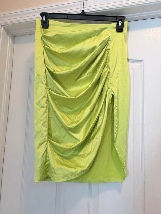 SHEIN Neon Lime Green Ruched Draped Midi Skirt Side Slit Size Large