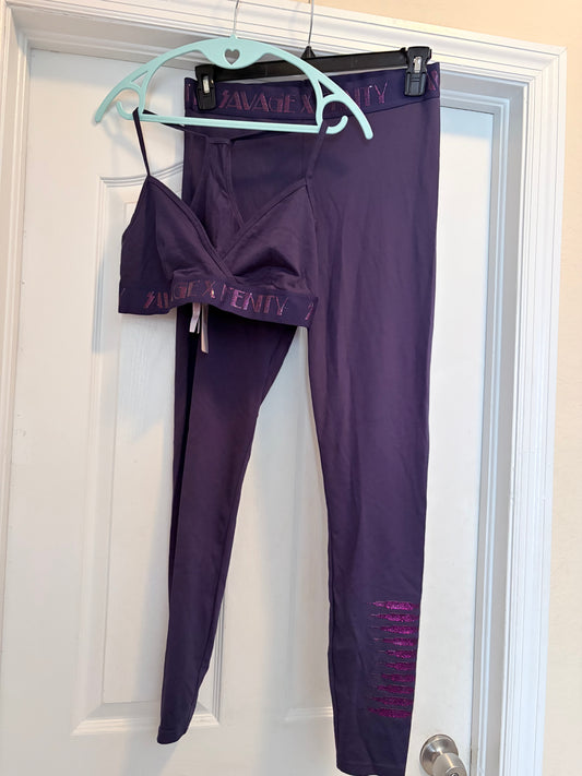 Savage X Fenty Purple Sports Bra Leggings Set Size Large Metallic Logo NWT