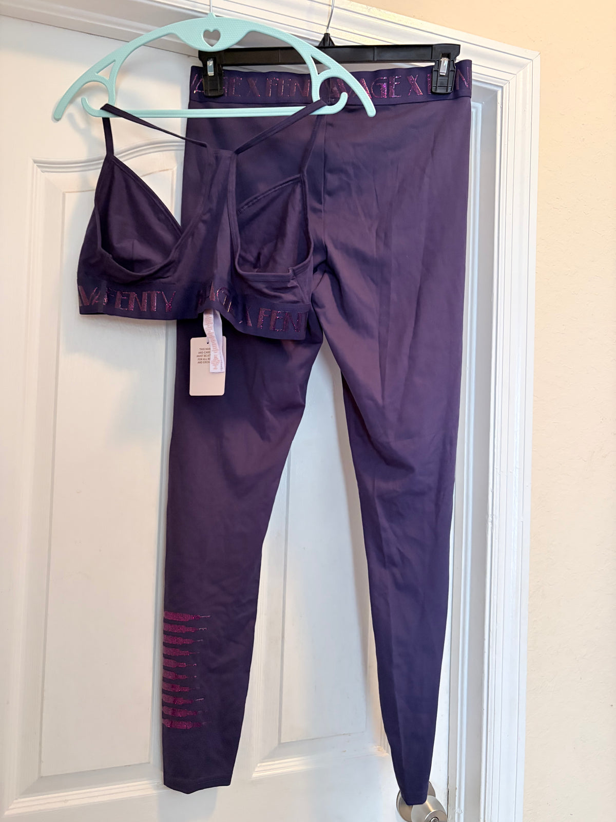 Savage X Fenty Purple Sports Bra Leggings Set Size Large Metallic Logo NWT