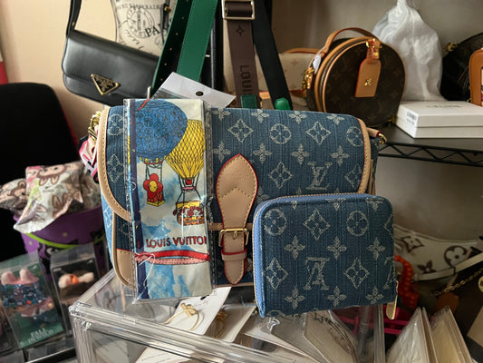 3-Piece Denim Monogram Crossbody Set – Bag, Wallet & Scarf