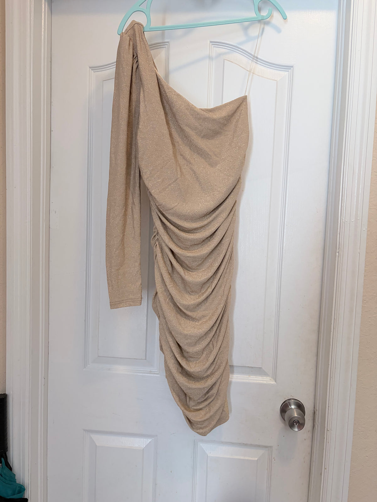 Privy Gold Metallic One Shoulder Ruched Midi Dress Size Medium