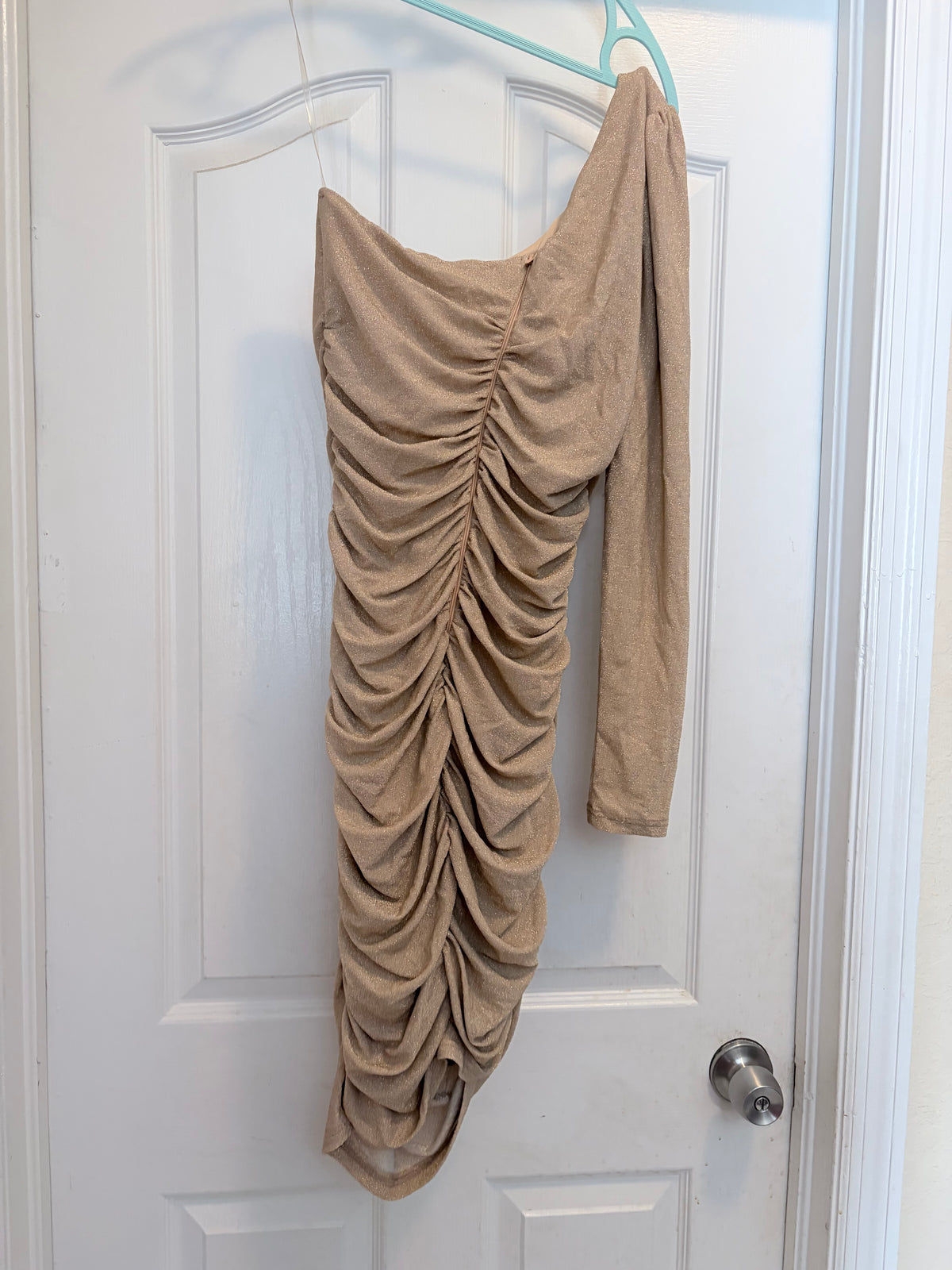 Privy Gold Metallic One Shoulder Ruched Midi Dress Size Medium