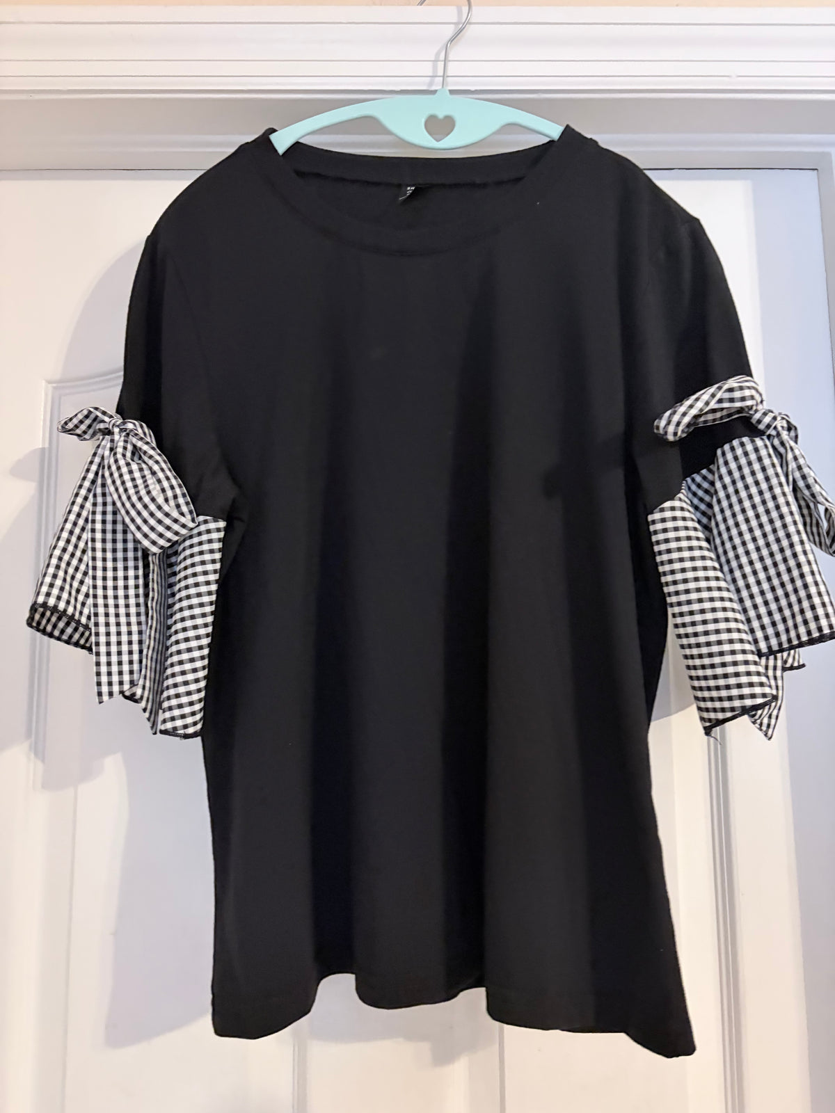 SHEIN Curve Black Gingham Bow Sleeve Top Size 0XL
