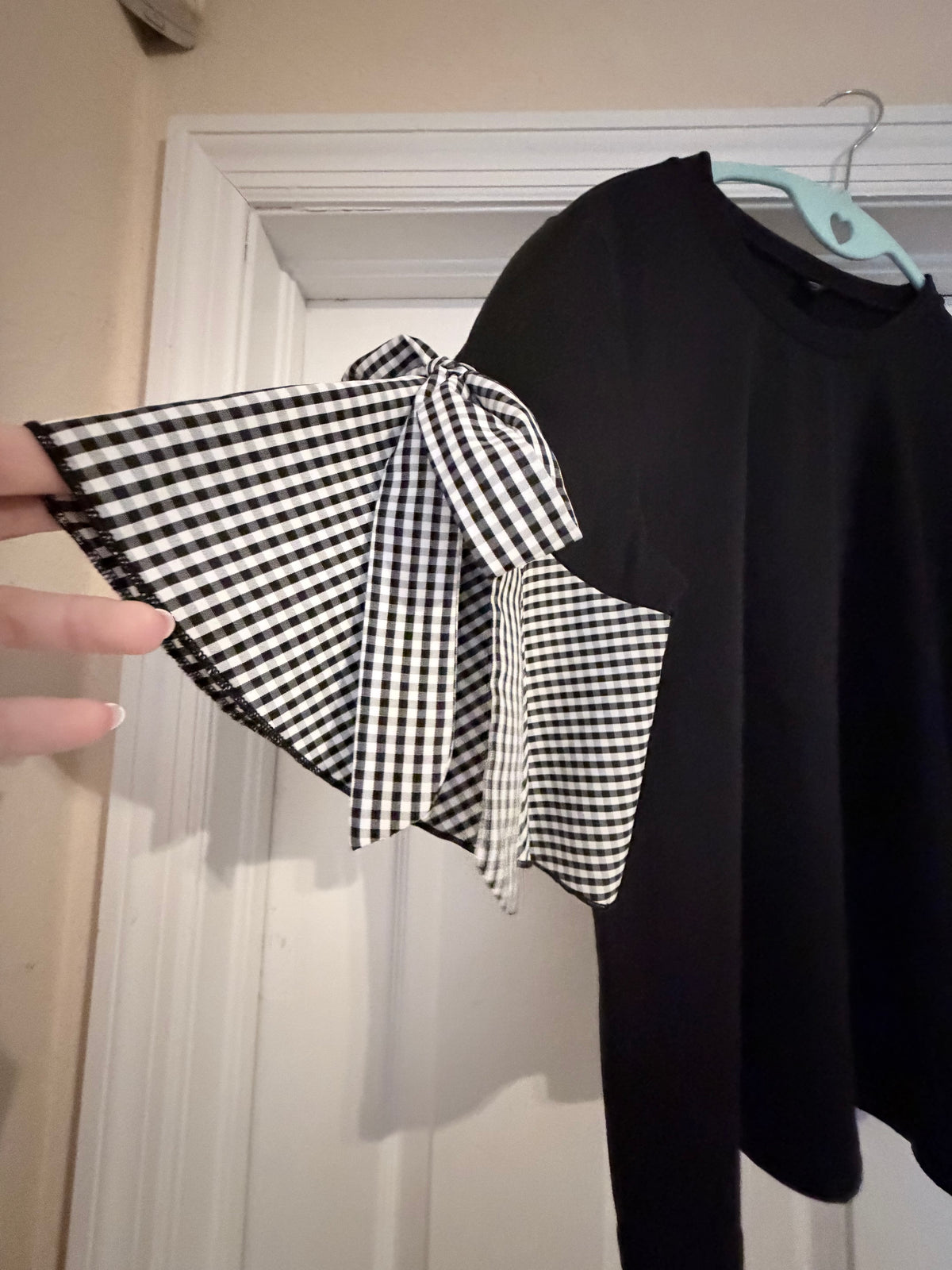 SHEIN Curve Black Gingham Bow Sleeve Top Size 0XL