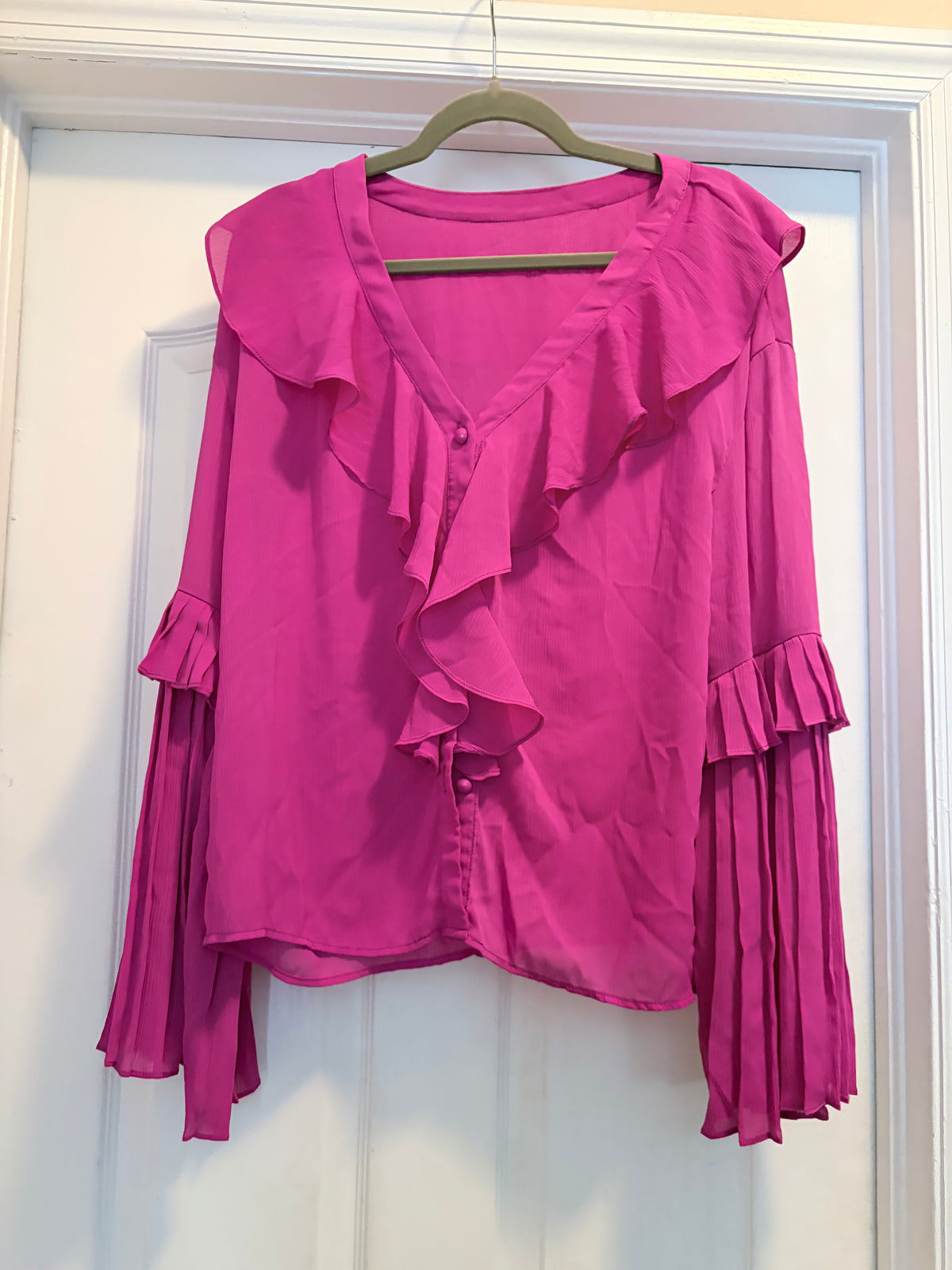 SHEIN Hot Pink Ruffle V Neck Pleated Bell Sleeve Blouse Size Large