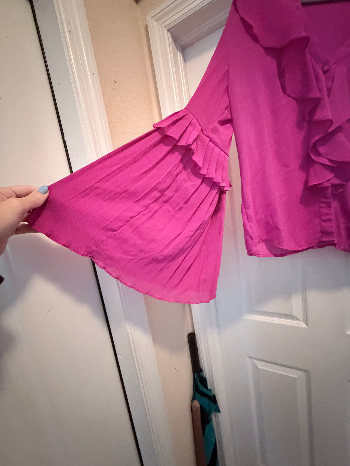 SHEIN Hot Pink Ruffle V Neck Pleated Bell Sleeve Blouse Size Large