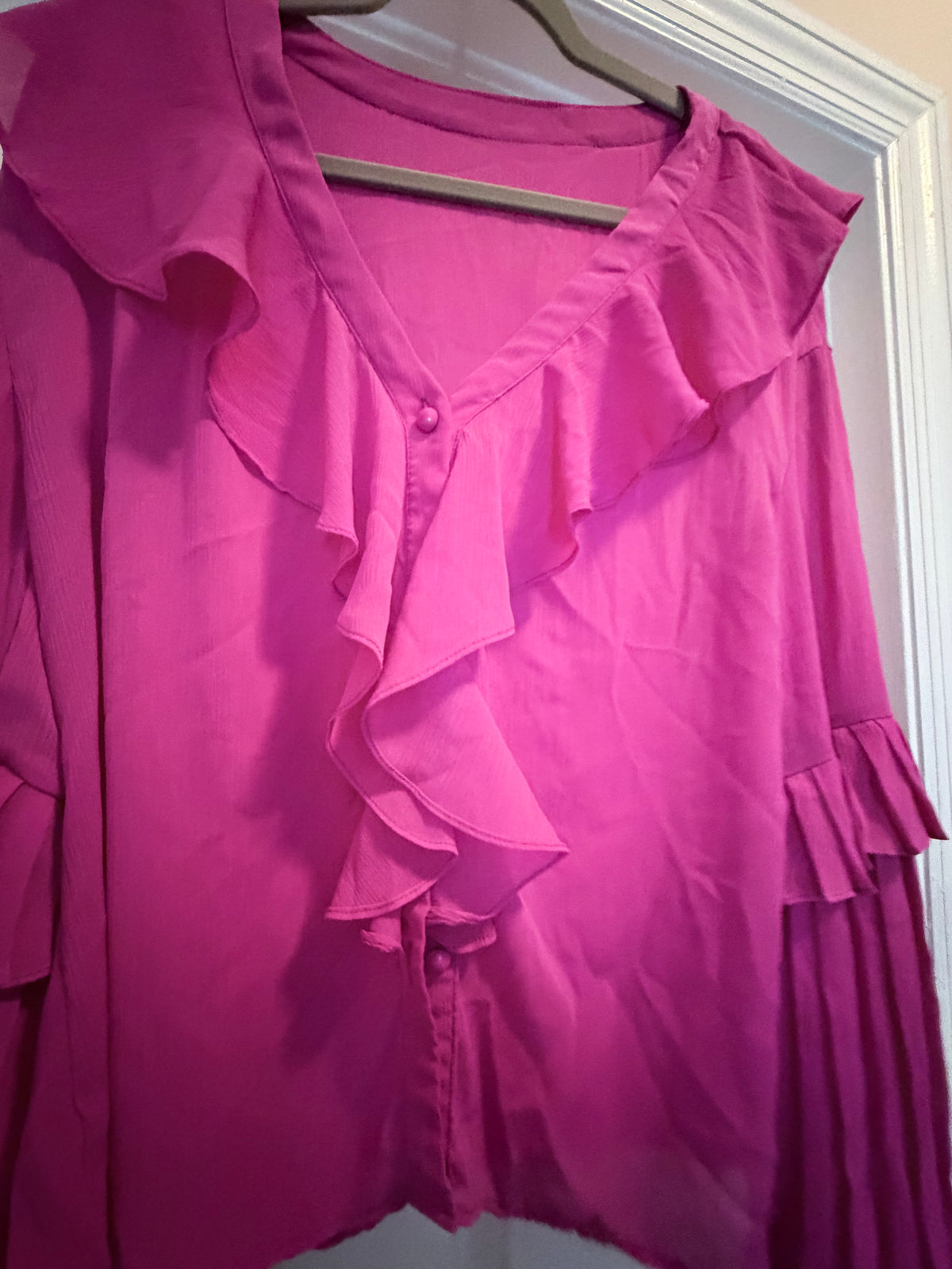 SHEIN Hot Pink Ruffle V Neck Pleated Bell Sleeve Blouse Size Large