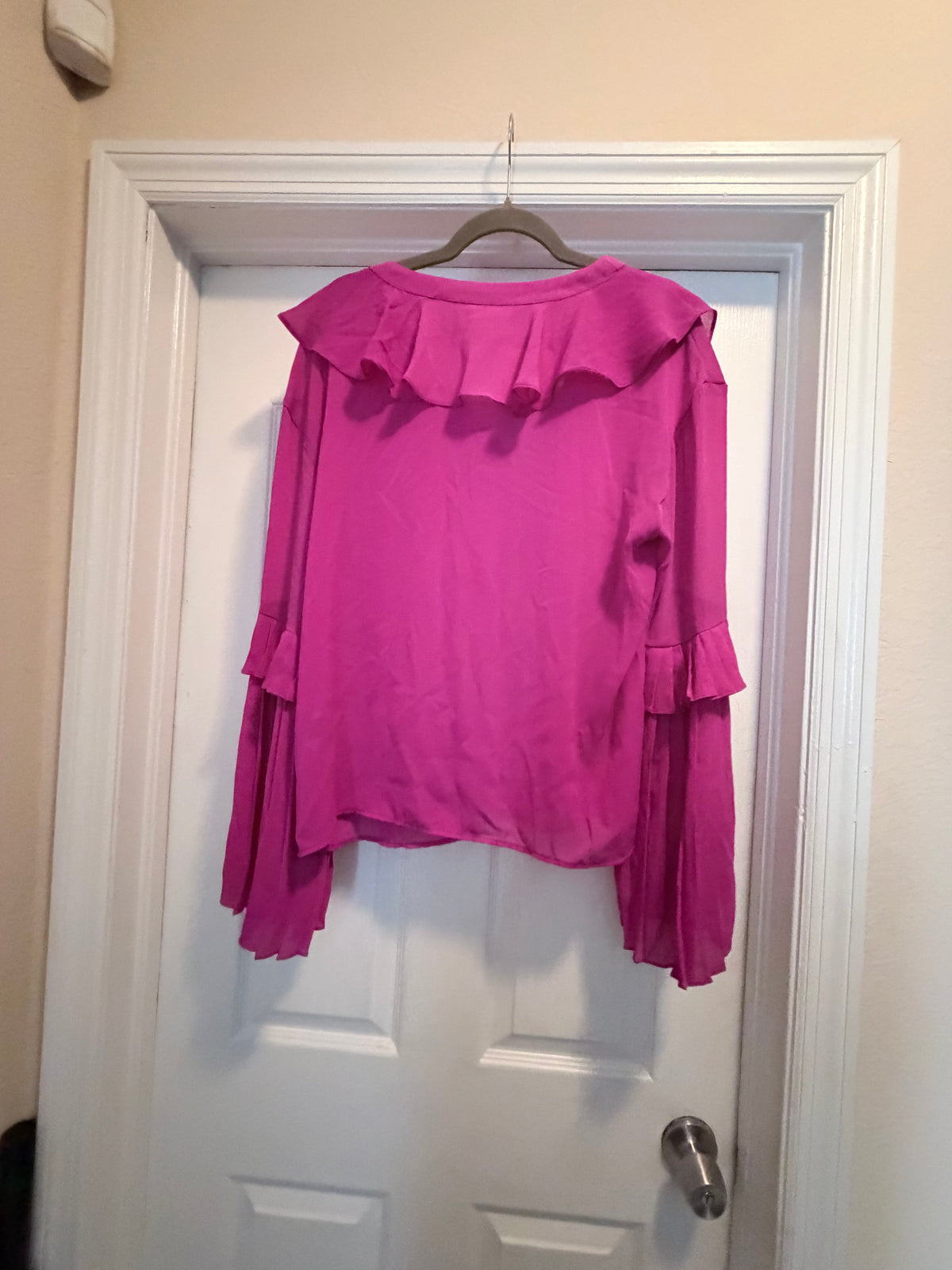 SHEIN Hot Pink Ruffle V Neck Pleated Bell Sleeve Blouse Size Large