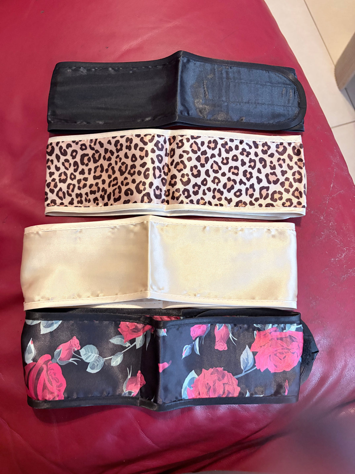 Satin Overnight Hair Wrap Bands Set of 4 Black Leopard Ivory Floral