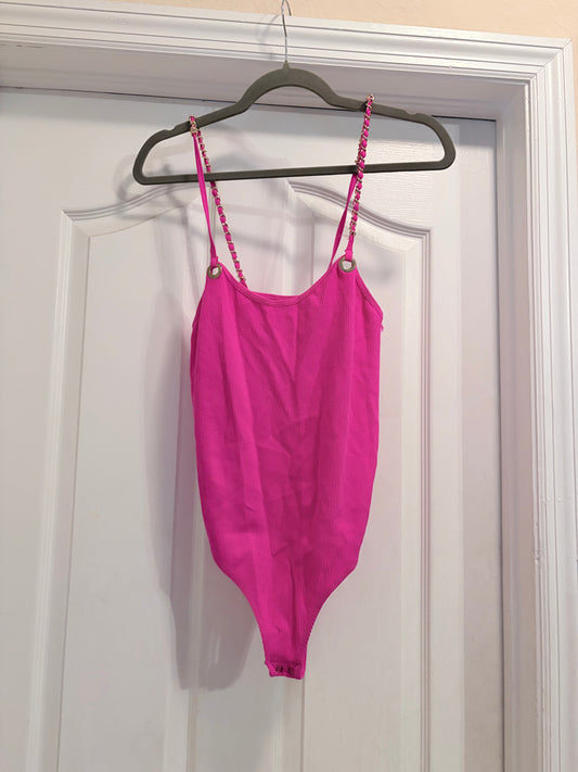 Fct. With Love Basics Hot Pink Ribbed Chain Strap Bodysuit Size Large