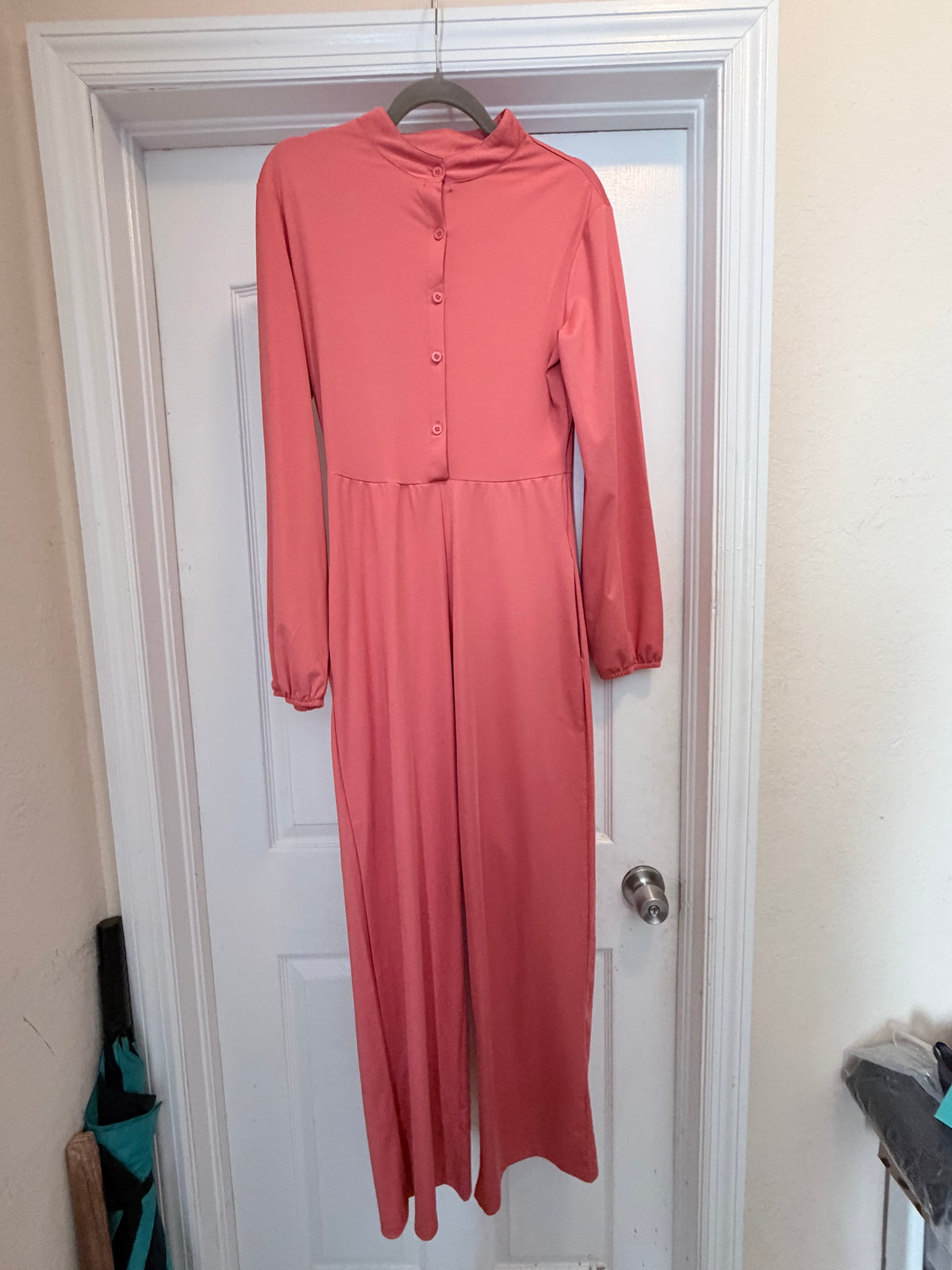 Coral Pink Long Sleeve Button Front Wide Leg Jumpsuit Size Medium